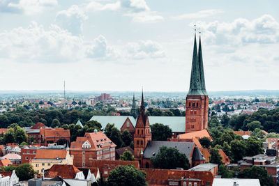 Aerial view of historic centre of lubeck with the cathedral.