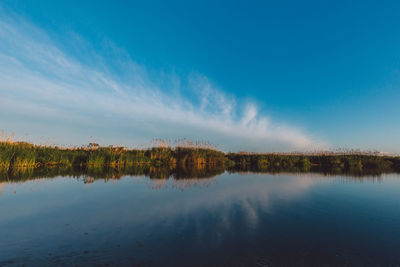 Scenic view of lake against blue sky