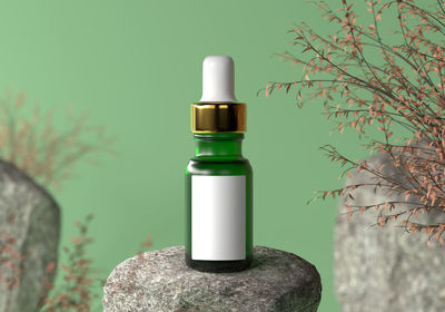 Close-up of green bottle on rock against trees