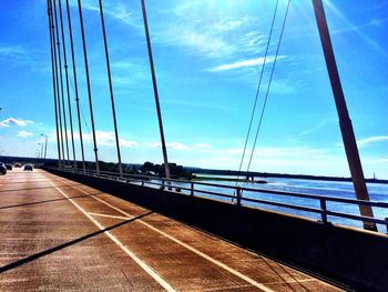 Suspension bridge over river against sky