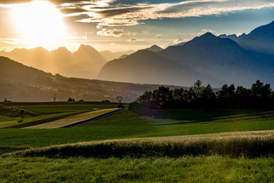 Scenic view of field against sky during sunset