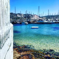 Sailboats moored at harbor