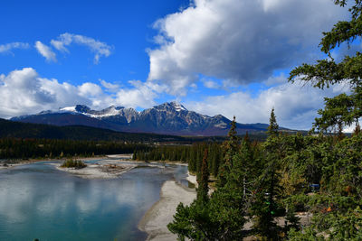 Scenic view of lake by mountains against sky