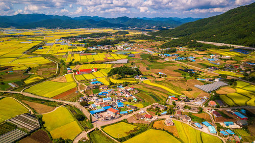 High angle view of houses against sky