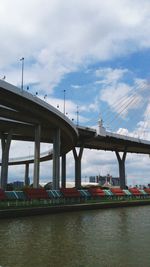 Bridge over river against cloudy sky