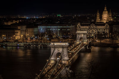 Illuminated bridge over river in city at night