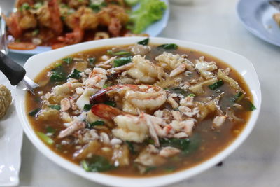 High angle view of soup in bowl on table