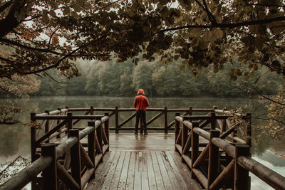 Rear view of man standing on footbridge