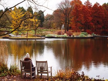 Rear view of woman sitting on chair by lake