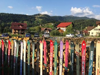 Panoramic view of multi colored houses against sky