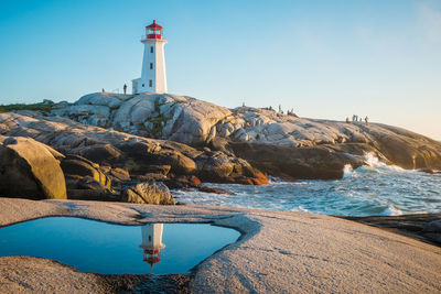 Lighthouse by sea against sky