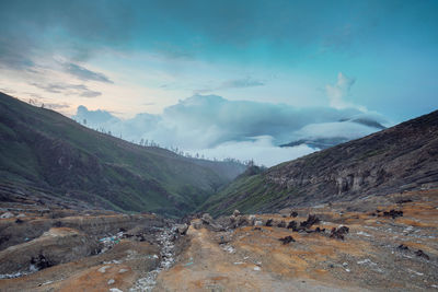 Gunung kawah ijen mountain sulphur crater scenery in banyuwangi, indonesia.