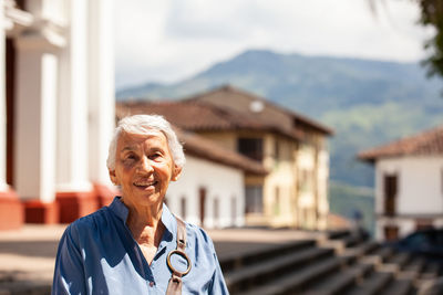 Senior woman tourist at the heritage town of salamina in the department of caldas in colombia