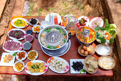 High angle view of food on table