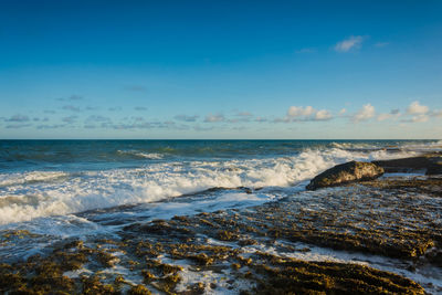 Scenic view of sea against blue sky