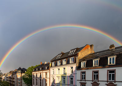 Rainbow over buildings in city against sky