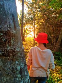 Rear view of woman standing in forest