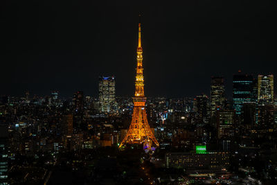 Illuminated buildings in city at night