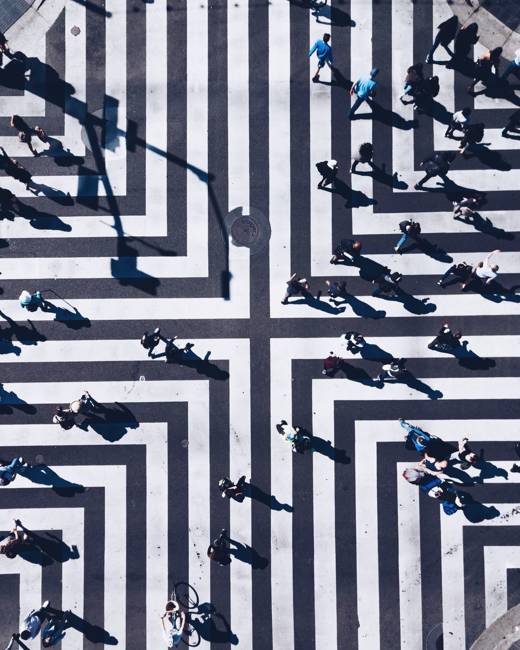 high angle view, day, group of people, sunlight, real people, in a row, shadow, crowd, large group of people, architecture, transportation, walking, nature, road marking, crossing, outdoors, security, zebra crossing, street