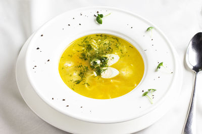 High angle view of soup in bowl on table