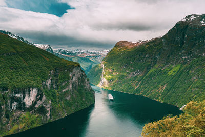Panoramic view of sea and mountains against sky