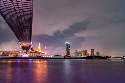 Illuminated city by river against sky at night