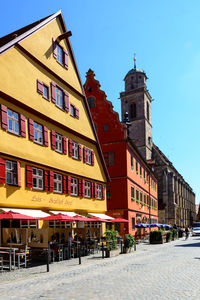 Buildings in city against clear blue sky