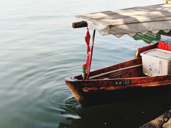 High angle view of fishing boat moored in lake