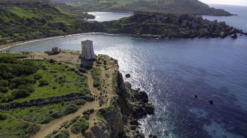 High angle view of sea and mountains