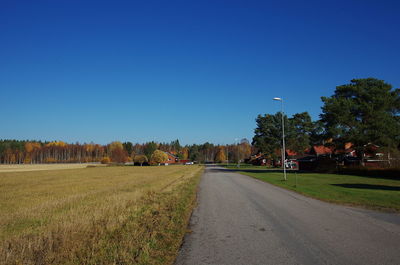 Empty road along plants and trees against blue sky