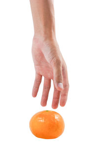 Close-up of hand holding apple against white background