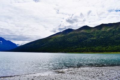 Scenic view of lake by mountains against sky