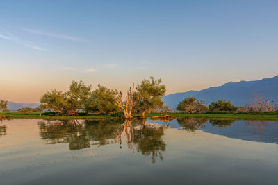 Beautiful colorful sunrise over lake kerkini in serres in central macedonia in greece .