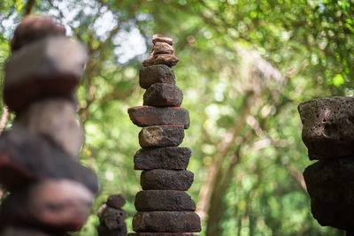 Close-up of stone stack on rock