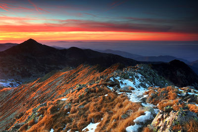 Scenic view of mountains during sunset