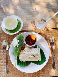 High angle view of meal served on table