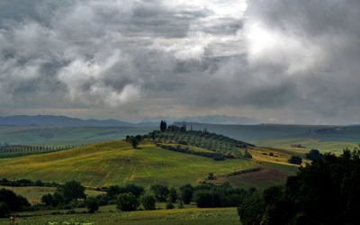 Scenic view of agricultural field against sky