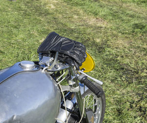 High angle view of vintage car on grass