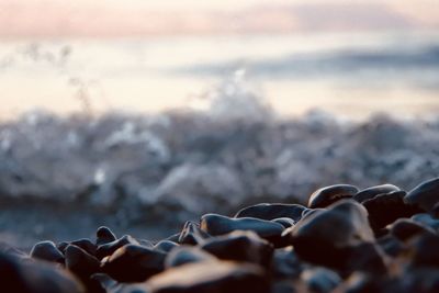 The calm waters of lake tiberias in israel at sunset. photo taken from the beach with black pebbles