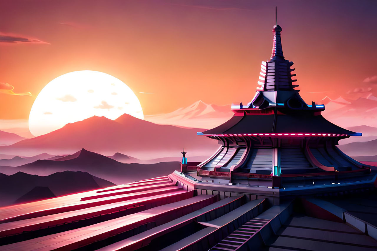 architecture, sky, religion, built structure, travel destinations, sunset, temple - building, travel, landscape, nature, building exterior, belief, building, beauty in nature, horizon, pagoda, city, history, scenics - nature, night, tourism, environment, no people, spirituality, mountain, the past, place of worship, tradition, twilight, ancient, cloud, tower, outdoors, dusk, evening, red