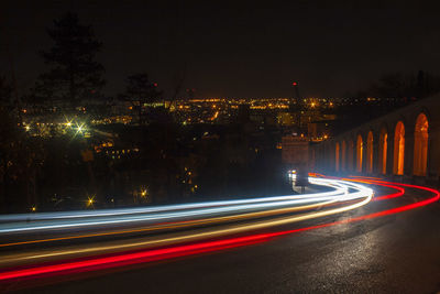 Light trails on road at night