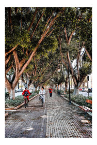 Rear view of people walking on footpath