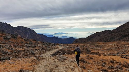 Rear view of man standing on mountain against sky