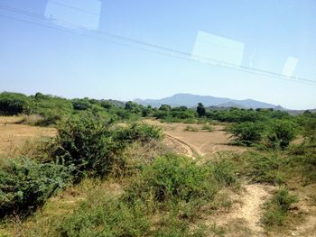 Dirt road amidst landscape against clear sky