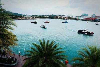 High angle view of boats in sea