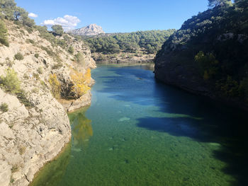 Scenic view of rocks in sea against sky