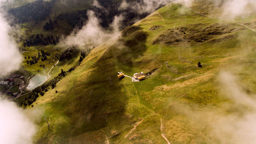 High angle view of a cable car station in a field