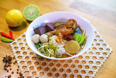 High angle view of food in plate on table