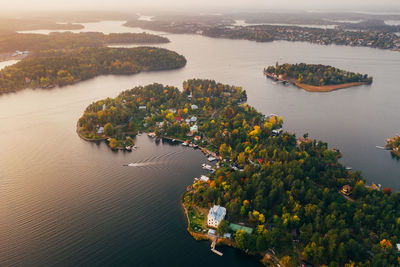 High angle view of bay and trees