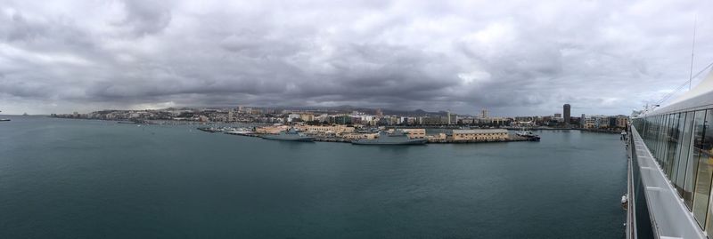 Panoramic view of harbor in city against sky